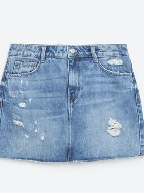 Zara Light Blue Distressed Denim Mini Skirt